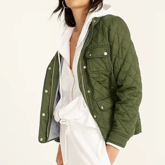J Crew Field Jacket Womens Small Green Quilted Downtown Zip/Snap Cotton Ladies - Picture 3 of 4